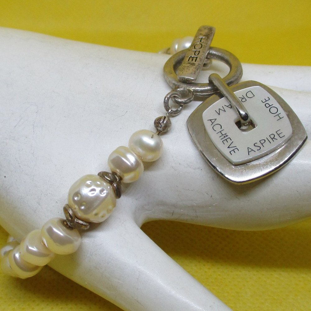 MOTHER OF PEARL Achieve Aspire Hope Dream Moving Charm Pearl SilverTone Graduate